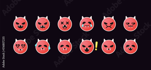 Cute Fun evil devil vampire, Dracula, bat, Baphomet in red with different facial express emoji emoticon sticker design. Illustration vector.