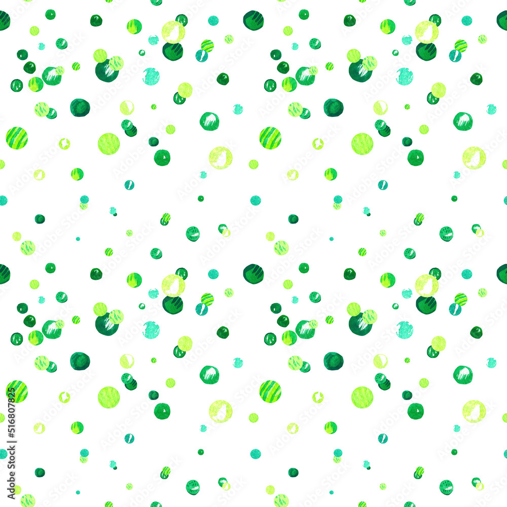 Watercolor seamless pattern with holiday confetti in a trendy lime green on a white isolated background.Christmas,New Year,Texture print hand painted.Designs for textiles,fabric,wrapping paper.