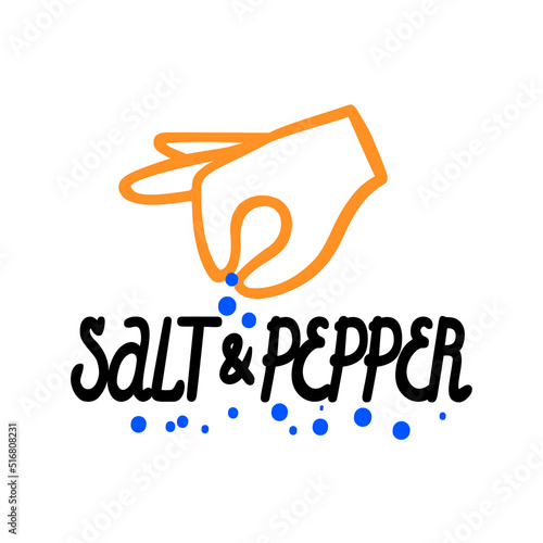 Salt and pepper. The hand pours spices on the letters. Vector outline image in cartoon flat style. Doodle, lettering, hand drawn.