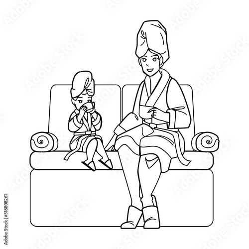 mother daughter spa vector. family beauty care, child skin facial mask, happy girl mum mother daughter spa character. people black line pencil drawing vector illustration