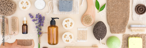 Self-care products, natural bath accessories for body and skin care over light background. Zero waste and eco living concept. Flat lay style. Banner, long web format
