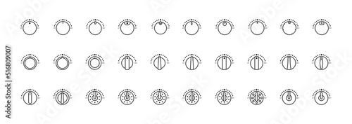 Set of Vector Icons on Theme Adjustment, Mode Selection, Control, Switching, Change. Presented Balance, Power, Minimum, Maximum, Left, Right Power Mode Control Panel