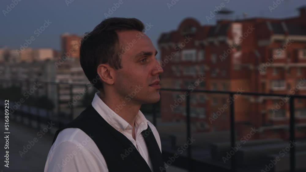 Man looks around, stands on roof, on the street, looks at houses from above, looks at building, architecture, meets sunrise, sunset, studies the area, examines objects, inspired by landscape Man looks around, stands on roof, on the street, looks at houses from above, looks at building, architecture, meets sunrise, sunset, studies the area, examines objects, inspired by landscape