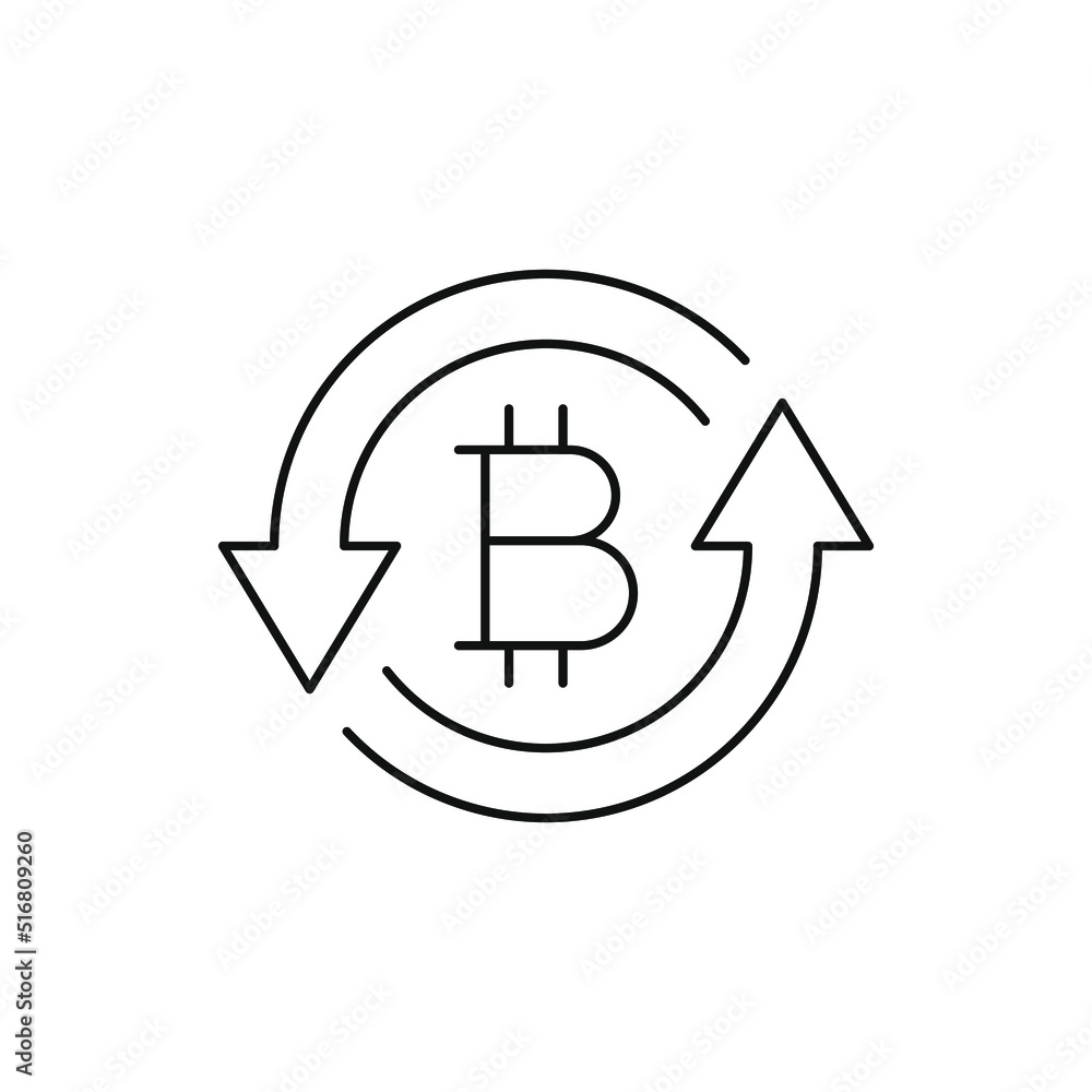 Bitcoin sign in circular arrows. Money rotation, currency exchange editable thin line icon. Vector illustration Bitcoin sign in circular arrows. Money rotation, currency exchange editable thin line icon. Vector illustration