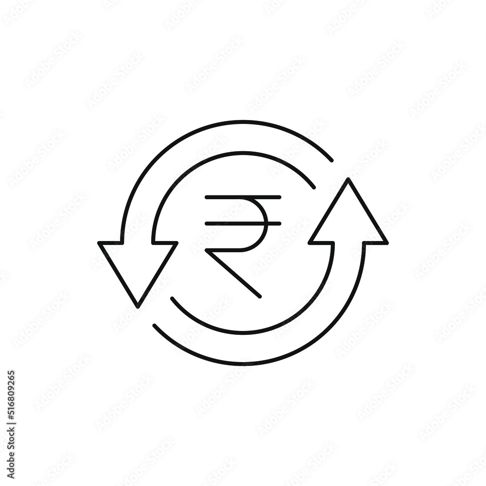 Rupee sign in circular arrows. Money rotation, currency exchange editable thin line icon. Vector illustration Rupee sign in circular arrows. Money rotation, currency exchange editable thin line icon. Vector illustration