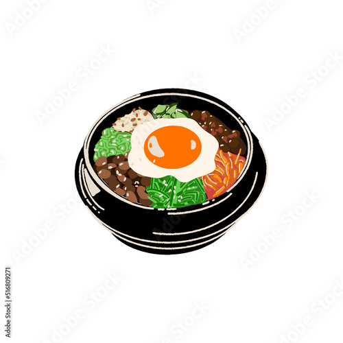 Bibimbap illustration, Korean food. Popular Korean meal. Rice bowl with meat, egg and vegetables.