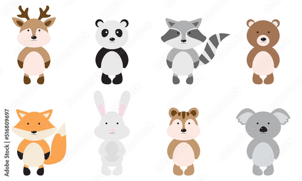 Obraz premium A large set of isolated animals. Vector collection of funny animals. Cute animals in cartoon style. Deer, panda, raccoon, bear, fox, hare, chipmunk, koala