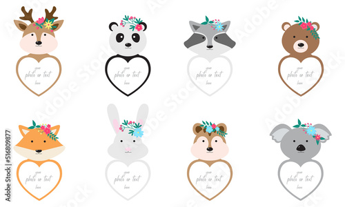 Decorative head animal vector template frames. Deer, panda, raccoon, bear, fox, hare, chipmunk, koala. For kids picture, funny photos, notes, card and memories. Scrapbook design. Insert your picture