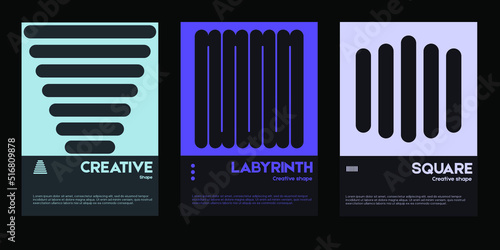 Meta modern aesthetics of swiss design poster collection layout. Brutalist-inspired vector graphics template set featuring bold typography and abstract geometric shapes.