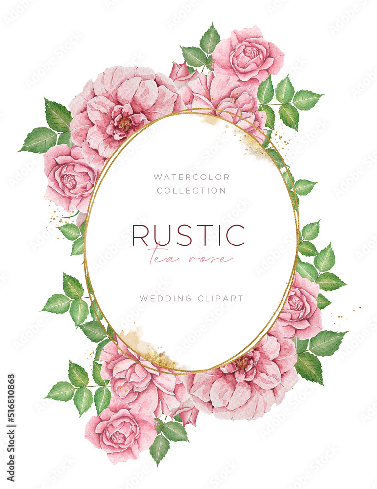 Watercolor pink tea roses with green leaves frame for rustic wedding, baby shower
