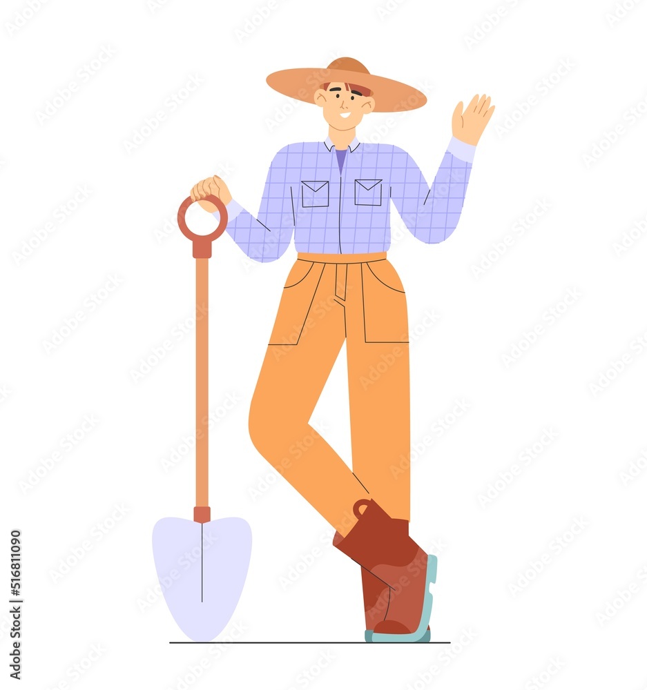 Fall harvest. Flat vector illustration with farmer in uniform, boots and hat holding a shovel. Concept of harvesting people or gathering crops. Fall harvest. Flat vector illustration with farmer in uniform, boots and hat holding a shovel. Concept of harvesting people or gathering crops.