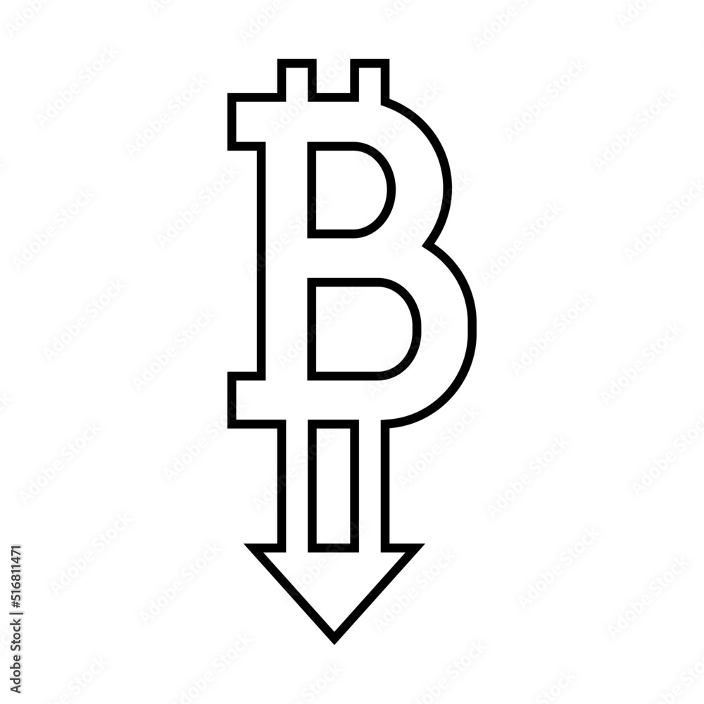 Bitcoin down line icon. Falling bitcoin sign with downward arrow. Vector Illustration Bitcoin down line icon. Falling bitcoin sign with downward arrow. Vector Illustration