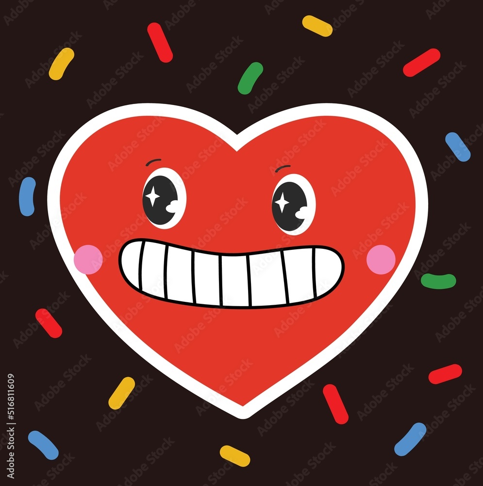 Retro love crazy and smeared heart smiley face. Hippie groovy smile character vector set. Valentine day concept. Retro love crazy and smeared heart smiley face. Hippie groovy smile character vector set. Valentine day concept.