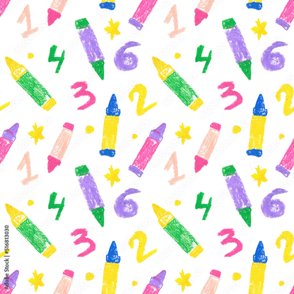 Seamless pattern for the day of knowledge in wax crayons on white isolated background.Holiday print,for the first school year hand drawn in doodle style with oil pastels.Design for wrapping paper. Seamless pattern for the day of knowledge in wax crayons on white isolated background.Holiday print,for the first school year hand drawn in doodle style with oil pastels.Design for wrapping paper.