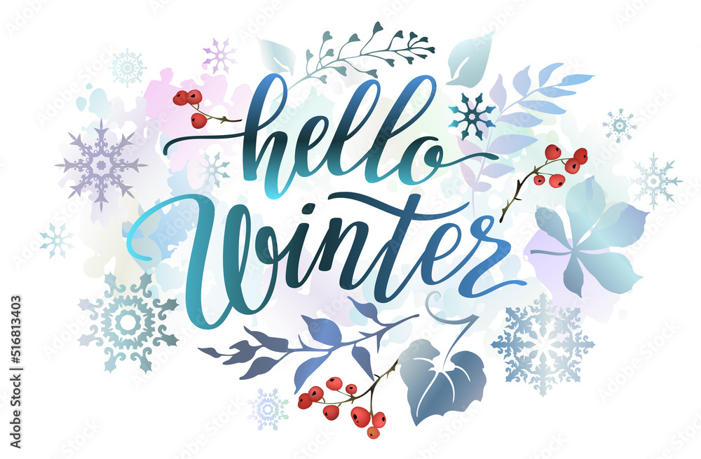 Hello winter banner with colorful leaves, snowflakes, berries and lettering inscription. Winter background.