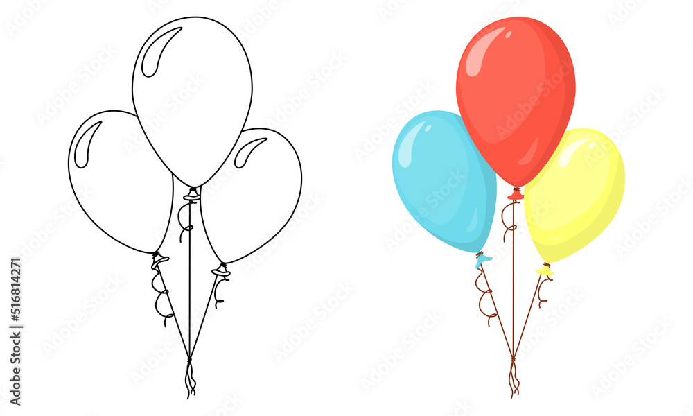 Set of vector Balloons isolated on white background in line art flat color cartoon style.
