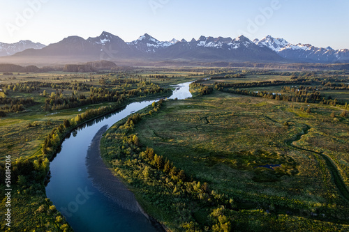 Aerial of wetlands and Chugach Mountains near Cordova  Alaska at sunset
