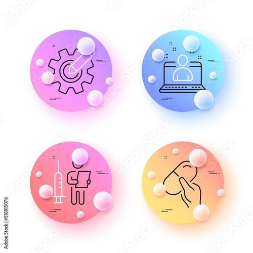 Cogwheel, Best manager and Vaccination announcement minimal line icons. 3d spheres or balls buttons. Capsule pill icons. For web, application, printing. Vector