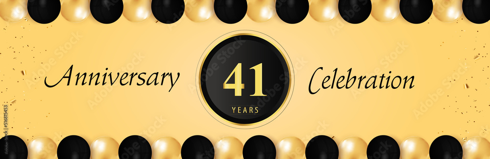 41 years anniversary celebration with gold and black balloon borders isolated on yellow background. Premium design for happy birthday, marriage, greetings card, celebration events, graduation. 41 years anniversary celebration with gold and black balloon borders isolated on yellow background. Premium design for happy birthday, marriage, greetings card, celebration events, graduation.