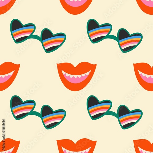 Seamless pattern with mouth and glasses. Modern groovy hippie abstract bright background. Vector illustration, flat design, cartoon.
