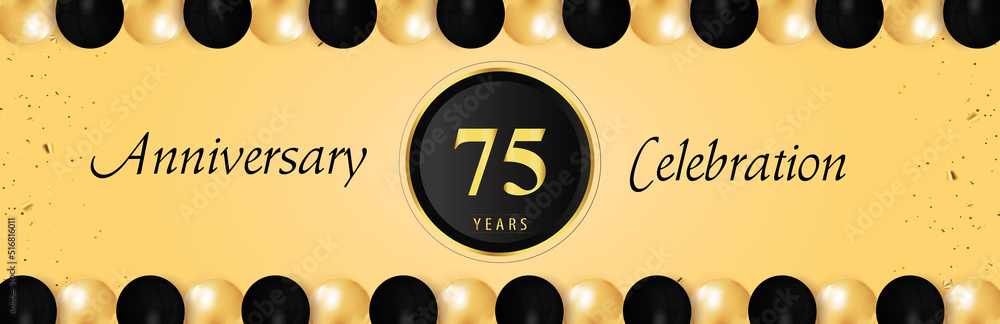 75 years anniversary celebration with gold and black balloon borders isolated on yellow background. Premium design for happy birthday, marriage, greetings card, celebration events, graduation. 75 years anniversary celebration with gold and black balloon borders isolated on yellow background. Premium design for happy birthday, marriage, greetings card, celebration events, graduation.