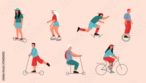 People doing outdoor activities. Abstract male female cartoon characters ride bicycle scooter skate rollers. Vector set