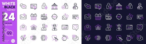 Smartphone sms, Bus travel and Heart line icons for website, printing. Collection of Circus tent, Verified locker, Woman read icons. Love letter, World travel, Fireworks rocket web elements. Vector