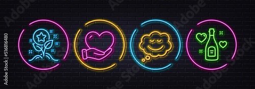 Speech bubble, Loyalty points and Volunteer minimal line icons. Neon laser 3d lights. Love champagne icons. For web, application, printing. Comic chat, Bonus grows, Social care. Valentines day. Vector