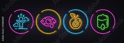 Difficult stress, Ð¡onjunctivitis eye and Medical food minimal line icons. Neon laser 3d lights. Drop counter icons. For web, application, printing. Mind anxiety, Optometry clinic, Apple. Vector