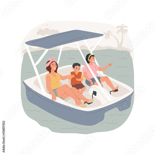 Pedal boat isolated cartoon vector illustration. Family riding small catamaran, pedal boat slide for kids, having fun, sea cycle rental, water bike tour, summer resort activity vector cartoon. © Vector Juice