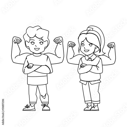 self confident kid vector. happy strong boy girl, success victory kid, power hero self confident kid character. people black line pencil drawing vector illustration