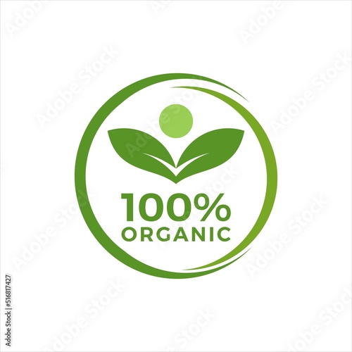100% organic natural with green leaves logo design vector template