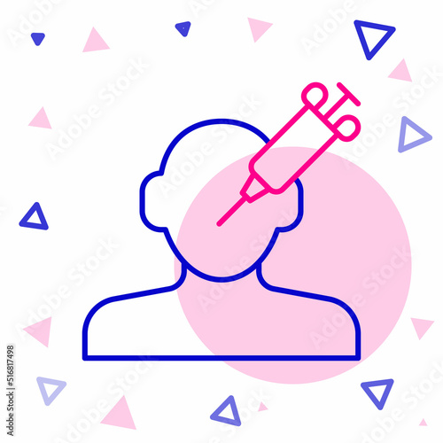 Line Addiction to the drug icon isolated on white background. Heroin, narcotic, addiction, illegal. Sick junkie with a syringe and medical pills. Colorful outline concept. Vector