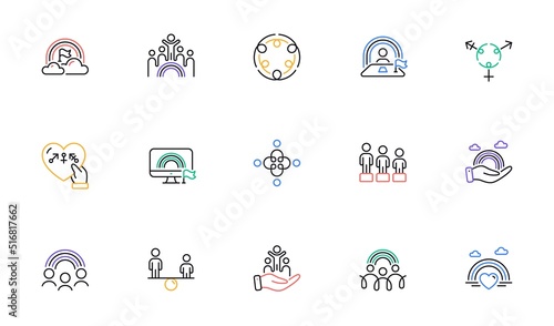 Equality, Equity and Diversity line icons. LGBT rights, Equal opportunities and respective needs icons. Inclusion, culture equity and LGBT pride flag. Diverse people equality, Gender symbol. Vector
