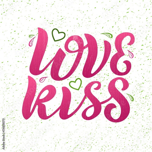 Handdrawn vector illustration with color lettering on textured background Love Kiss for greeting card, banner, billboard, social media content, celebration, advertising, poster, decor, print, template