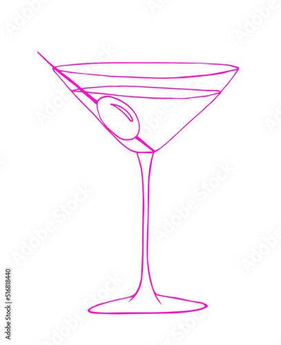 Martini glass vector illustration. Pink martini linear drawing. 