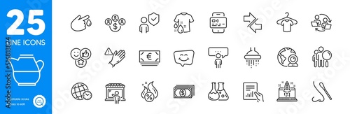 Outline icons set. Shower  Nasal test and Wash t-shirt icons. Video conference  Document  Smile chat web elements. Payment  Start business  Buying currency signs. Market seller  T-shirt. Vector