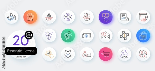 Simple set of Atm money, Wind energy and Currency exchange line icons. Include Salary, Delivery shopping, Payment exchange icons. Loyalty points, Startup, Document web elements. Vector