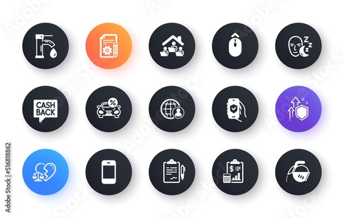 Minimal set of Work home, Sleep and Divorce lawyer flat icons for web development. Swipe up, Smartphone, Improving safety icons. International recruitment, Clipboard, Car leasing web elements. Vector