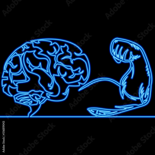 Continuous line drawing willpower as brain and muscle hand self discipline neon concept