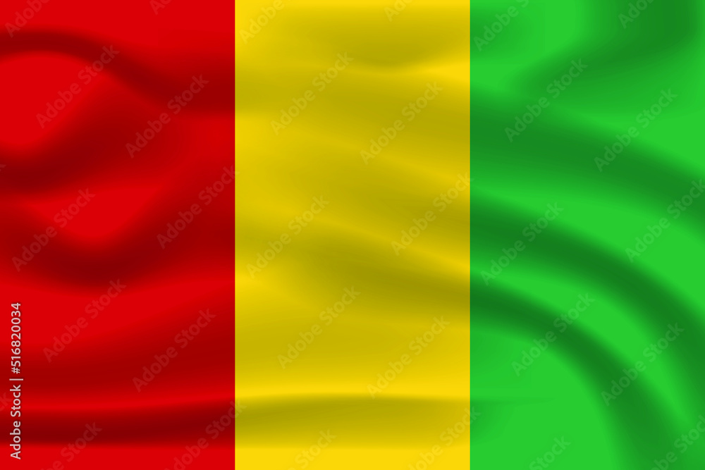 Flag of Guinea. Full page Guinea flying flag. 3D illustration. Country flags. Guinea wavy flag.