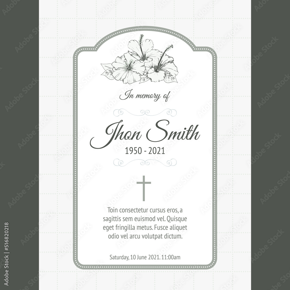 funeral card template with green bouquet flowers illustration