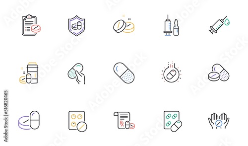Medical drugs line icons. Healthcare, Prescription and Pill signs. Pharmacy drugs, recipe pill icons. Antibiotic capsule, syringe vaccination. Linear set. Bicolor outline web elements. Vector