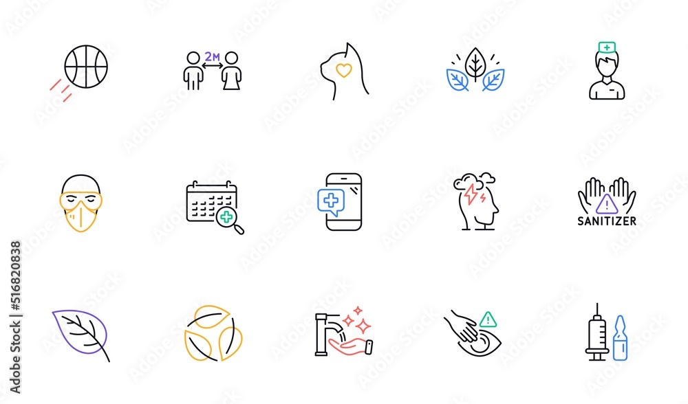 Medical vaccination, Medical mask and Organic tested line icons for website, printing. Collection of Leaves, Washing hands, Basketball icons. Clean hands, Doctor. Vector