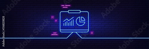 Neon light glow effect. Presentation board line icon. Report chart or Sales growth sign. Analysis and Statistics data symbol. 3d line neon glow icon. Brick wall banner. Presentation outline. Vector
