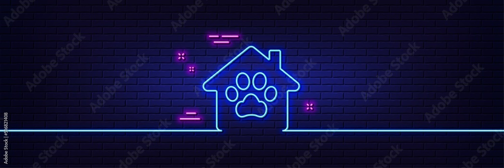 Neon light glow effect. Pet shelter line icon. Veterinary clinic sign. Pets care symbol. 3d line neon glow icon. Brick wall banner. Pet shelter outline. Vector Neon light glow effect. Pet shelter line icon. Veterinary clinic sign. Pets care symbol. 3d line neon glow icon. Brick wall banner. Pet shelter outline. Vector