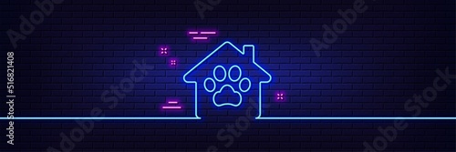 Neon light glow effect. Pet shelter line icon. Veterinary clinic sign. Pets care symbol. 3d line neon glow icon. Brick wall banner. Pet shelter outline. Vector