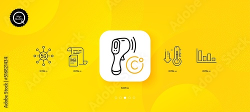 Electronic thermometer, Documents and Histogram minimal line icons. Yellow abstract background. Low thermometer, 5g technology icons. For web, application, printing. Vector