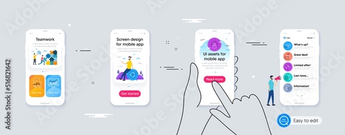 Set of Chemical formula, Chat messages and Statistics line icons. Phone ui interface. Include Chemistry experiment, Food delivery, Packing boxes icons. Air fan, Card, Strategy web elements. Vector