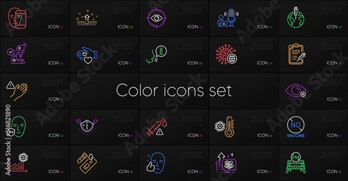 Set of Usa close borders, Vaccine report and Uv protection line icons. Include Coronavirus statistics, Stress grows, Dont touch icons. Eye target, Covid test, Farsightedness web elements. Vector